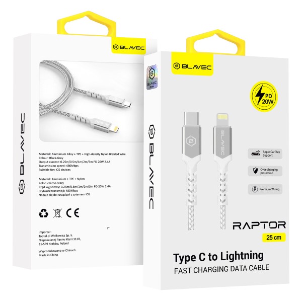 Kabel USB-C na Lightning Blavec Raptor - PD 20W 2,4A 0,25m Apple CarPlay (CRA-CL24WS025) bílo-stříbrný