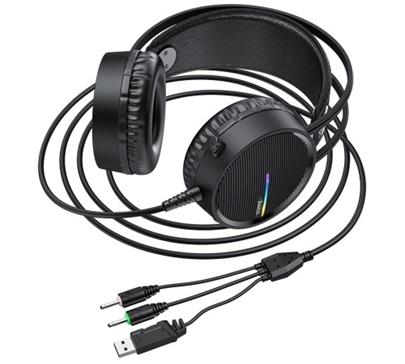 HF, sluchátka HOCO W100 Touringl, herní stereo, jack 3,5 mm, USB, černá