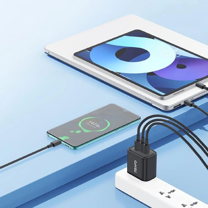 Foneng síťová nabíječka GaN10-EU - USB + 2xType C - QC 4.0+ PD 65W s kabelem Type-C na Type-C, černá