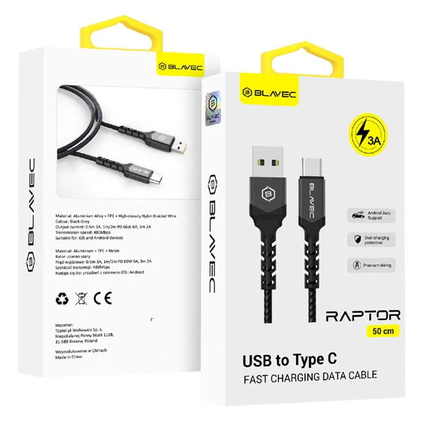 Blavec kabel Raptor opletený - USB na Type-C - 3A 0,5 metru Apple CarPlay/Android Auto, černo-šedý