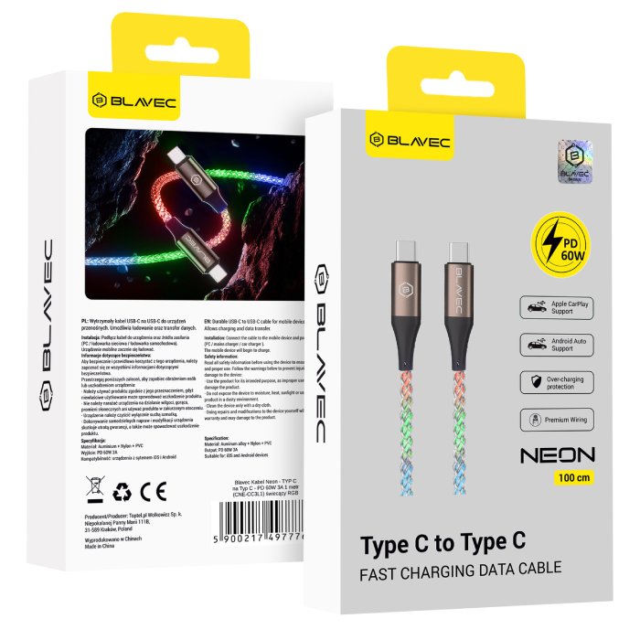 Kabel Blavec Neon - USB-C na USB-C - PD 60W 3A 1m - svíticí