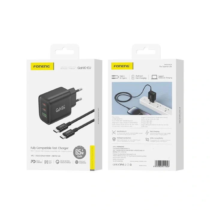 Foneng síťová nabíječka GaN10-EU - USB + 2xType C - QC 4.0+ PD 65W s kabelem Type-C na Type-C, černá