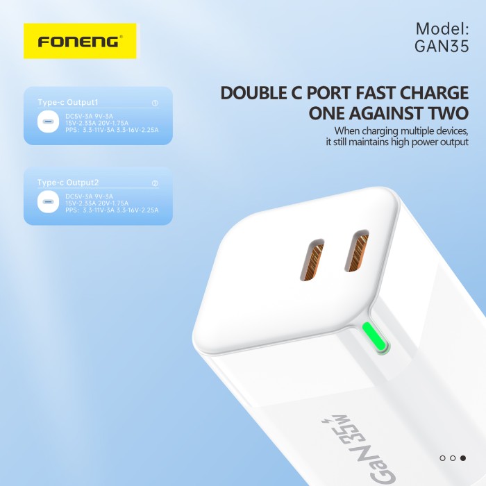 Síťová nabíječka Foneng GAN35 GaN - 2x usb-C PD 35W 3A, bílá