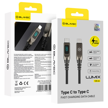 Kabel Blavec Lumix – USB-A na USB-C – QC až 100W 5A s LED displejem 1,2 m Apple CarPlay / Android Auto černo-šedý