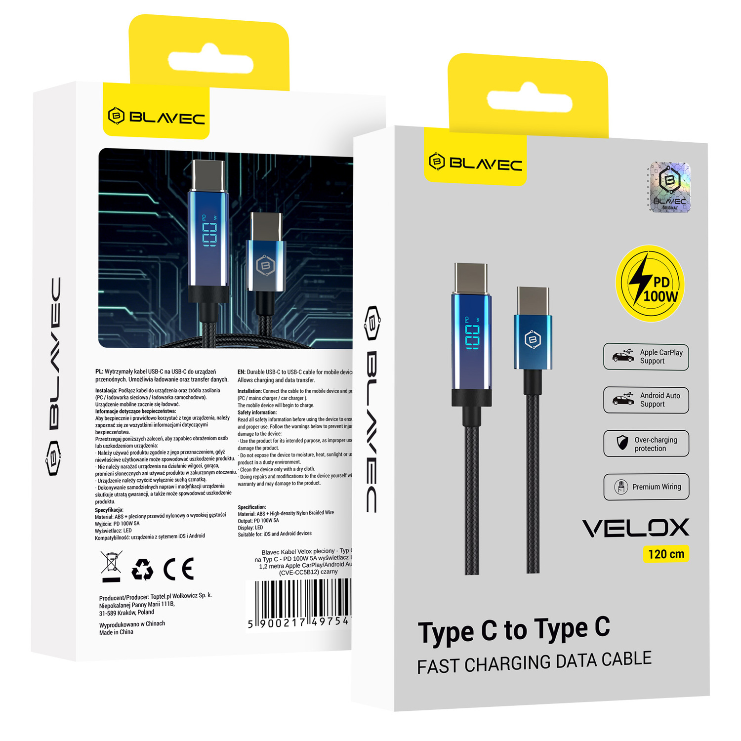 Kabel Blavec Velox – USB-C na USB-C – PD 100W 5A s LED displejem 1,2 m Apple CarPlay / Android Auto černo-modrý