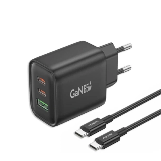 Foneng síťová nabíječka GaN10-EU - USB + 2xType C - QC 4.0+ PD 65W s kabelem Type-C na Type-C, černá