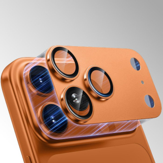 Celokovová ochranná krytka + tvrzené sklo Tel Protect 95% AR+AF na kameru pro iPhone 17 Pro - oranžová