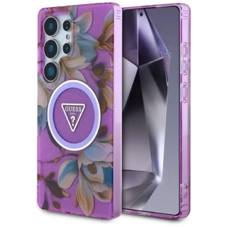 Kryt Guess Glitter Flowers Triangle Buttons MagSafe Samsung Galaxy S25 Ultra purple