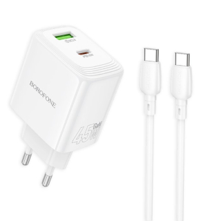 Borofone síťová nabíječka BN30 Cargador GaN - USB + USB-C - QC 3.0 PD 45W with USB-C to USB-C cable , barva bílá