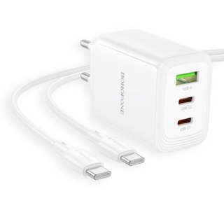 Borofone síťová nabíječka BN32 Cargador GaN - USB + 2xUSB-C - QC 3.0 PD 65W with USB-C to USB-C , barva bílá