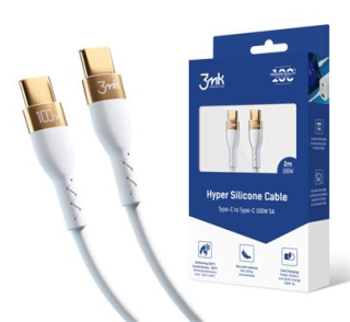 Data kabel 3mk Hyper Silicone USB-C/USB-C (PD), 100W, 5A, 2m, bílá